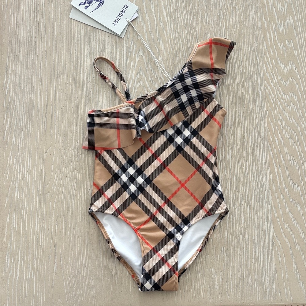 Burberry Kids Beige Check One-Shoulder Swimsuit